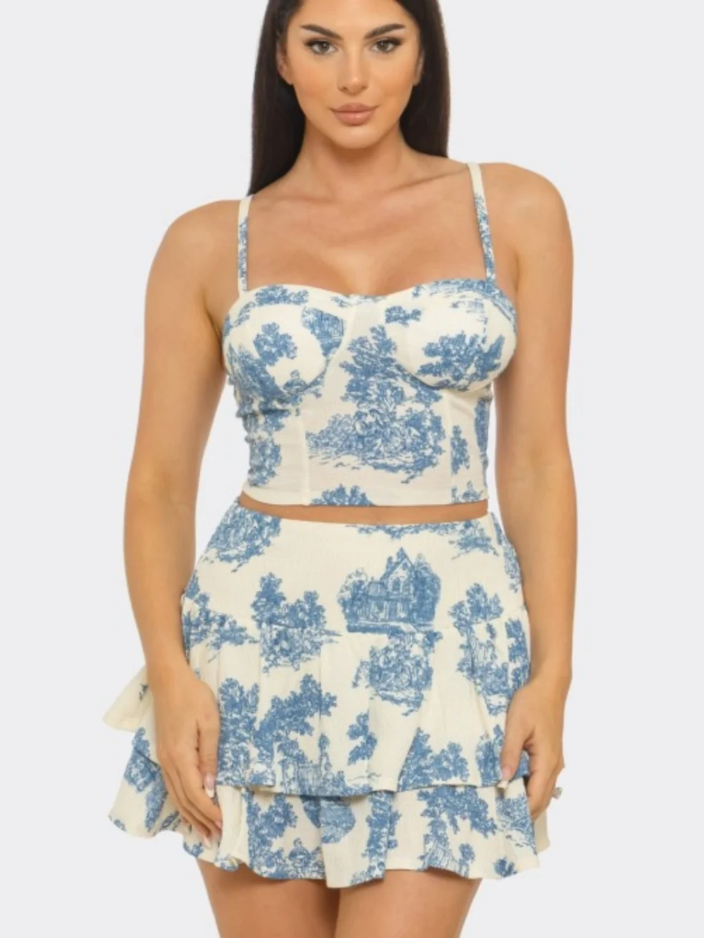 Blue Toile Print Corset Style Top & Tiered Skirt Set - Picture 2 of 5